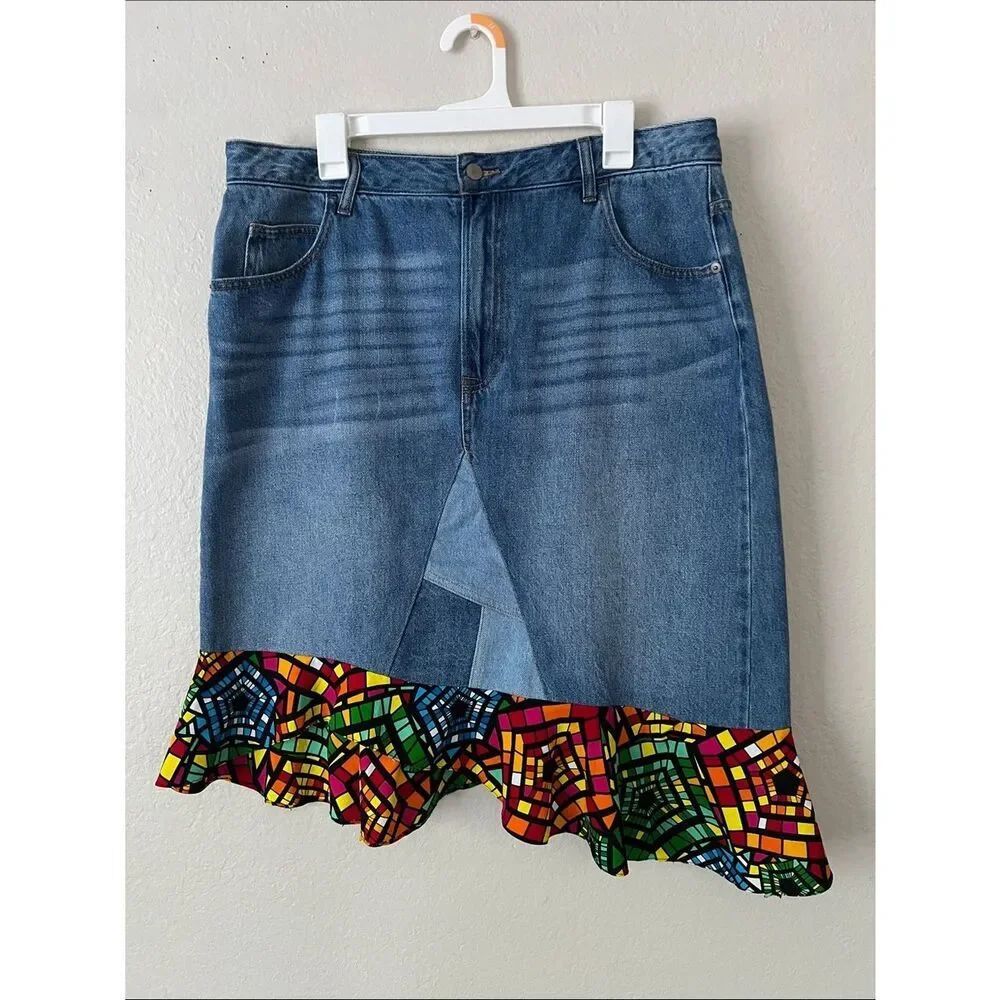 Like New!  Upcycled Denim Skirt Ankara Fabric Ruffle Cotton 16